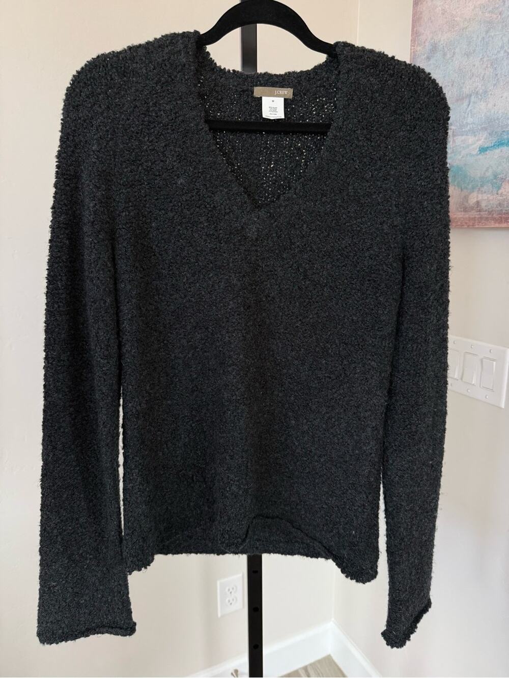 J. Crew Vintage Womens Medium Black Boucle V Neck Sweater Wool Blend Knit J.Crew
